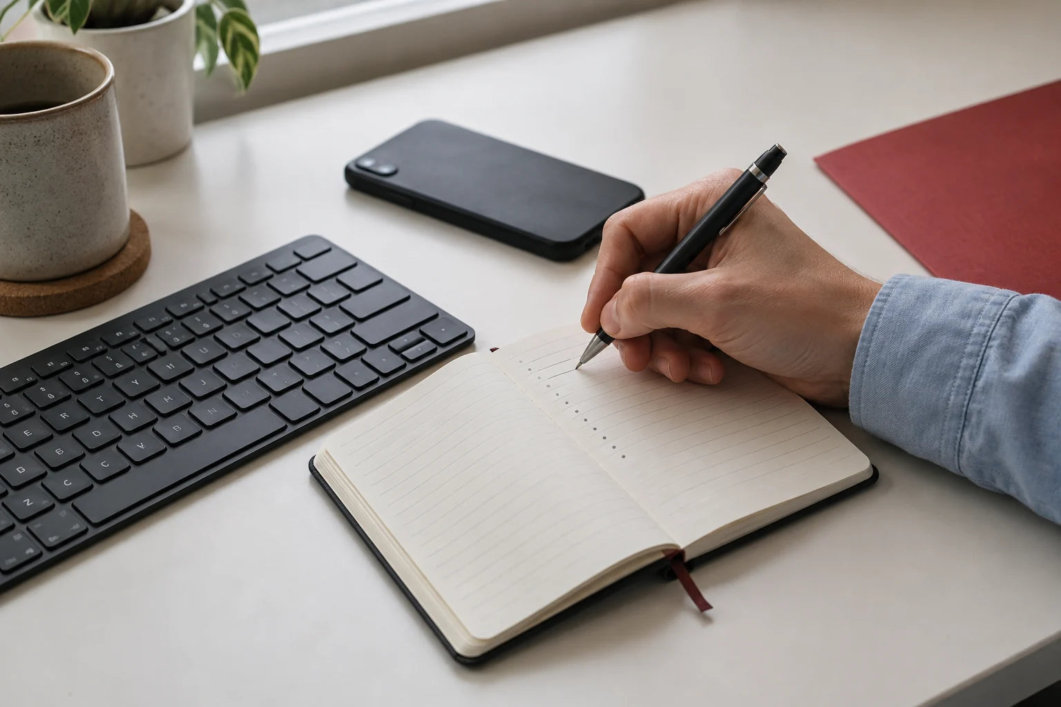 A hand writing a project page list beside a keyboard and phone.