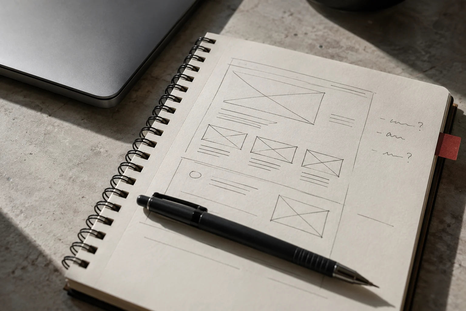 A notebook with website sketches and questions beside a closed laptop.