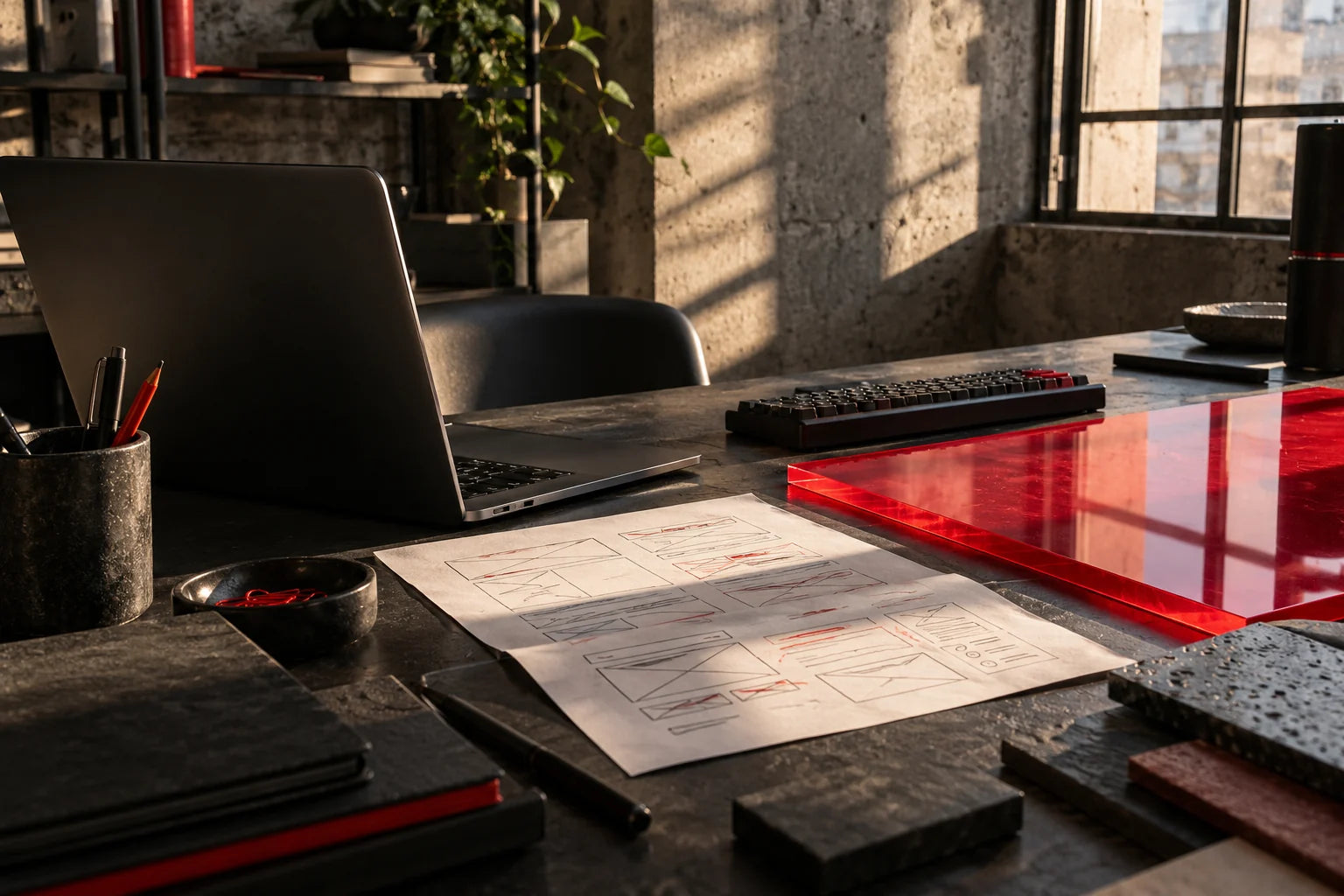 A laptop, website sketches and a red acrylic sheet in natural window light.