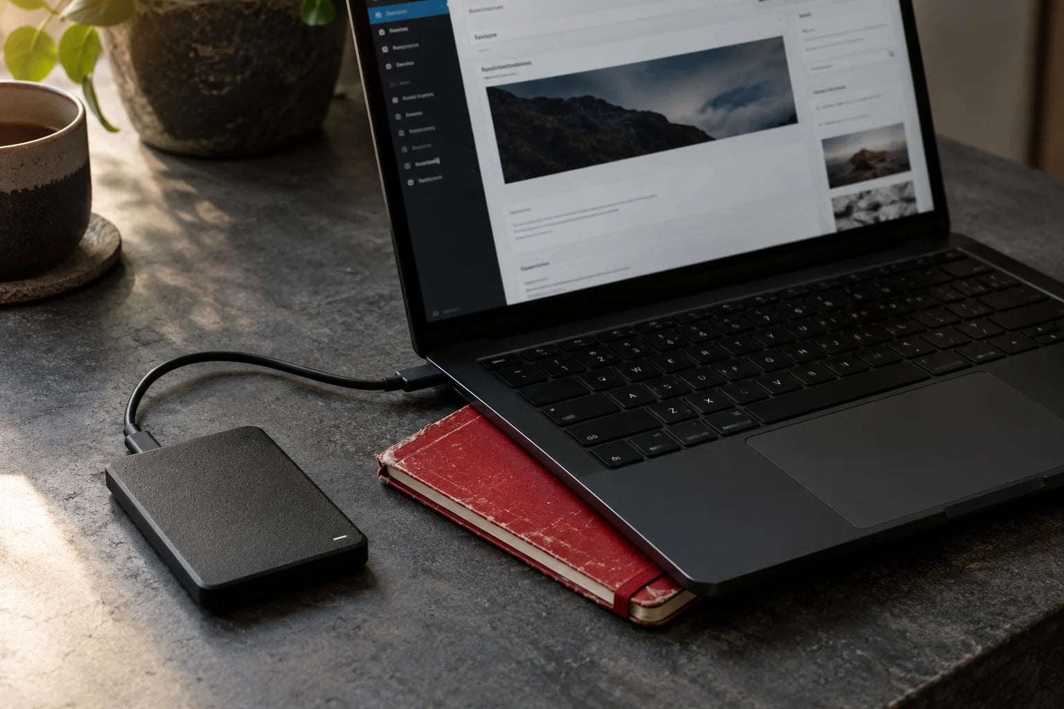 A content editor on a laptop beside a connected drive.