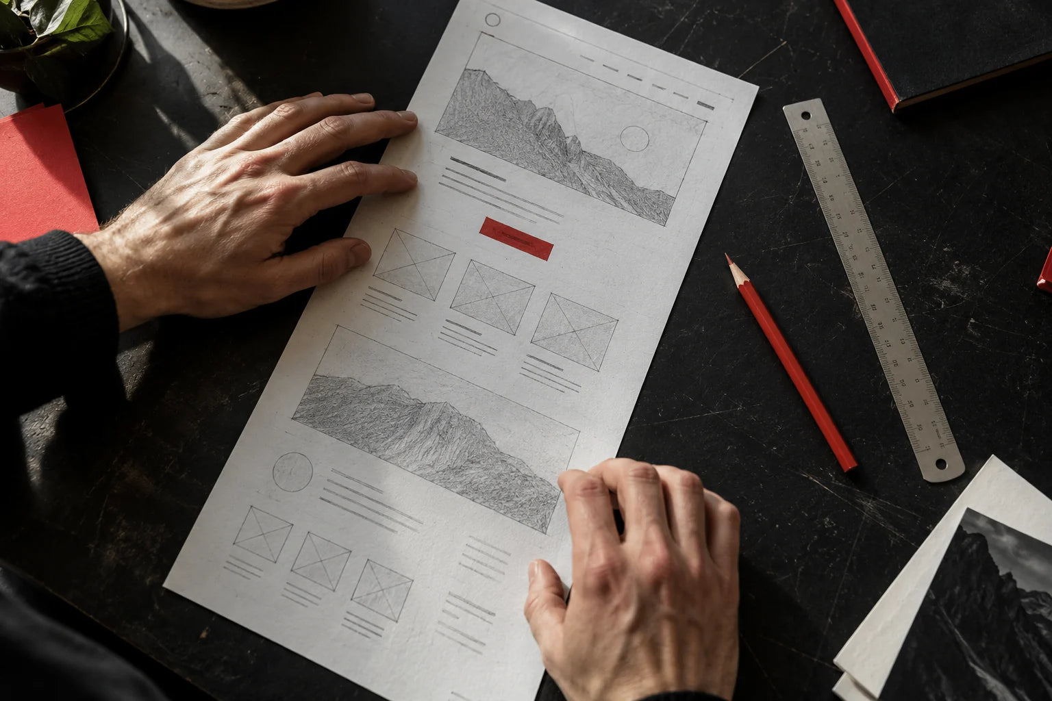 Hands reviewing a focused landing page sketch.