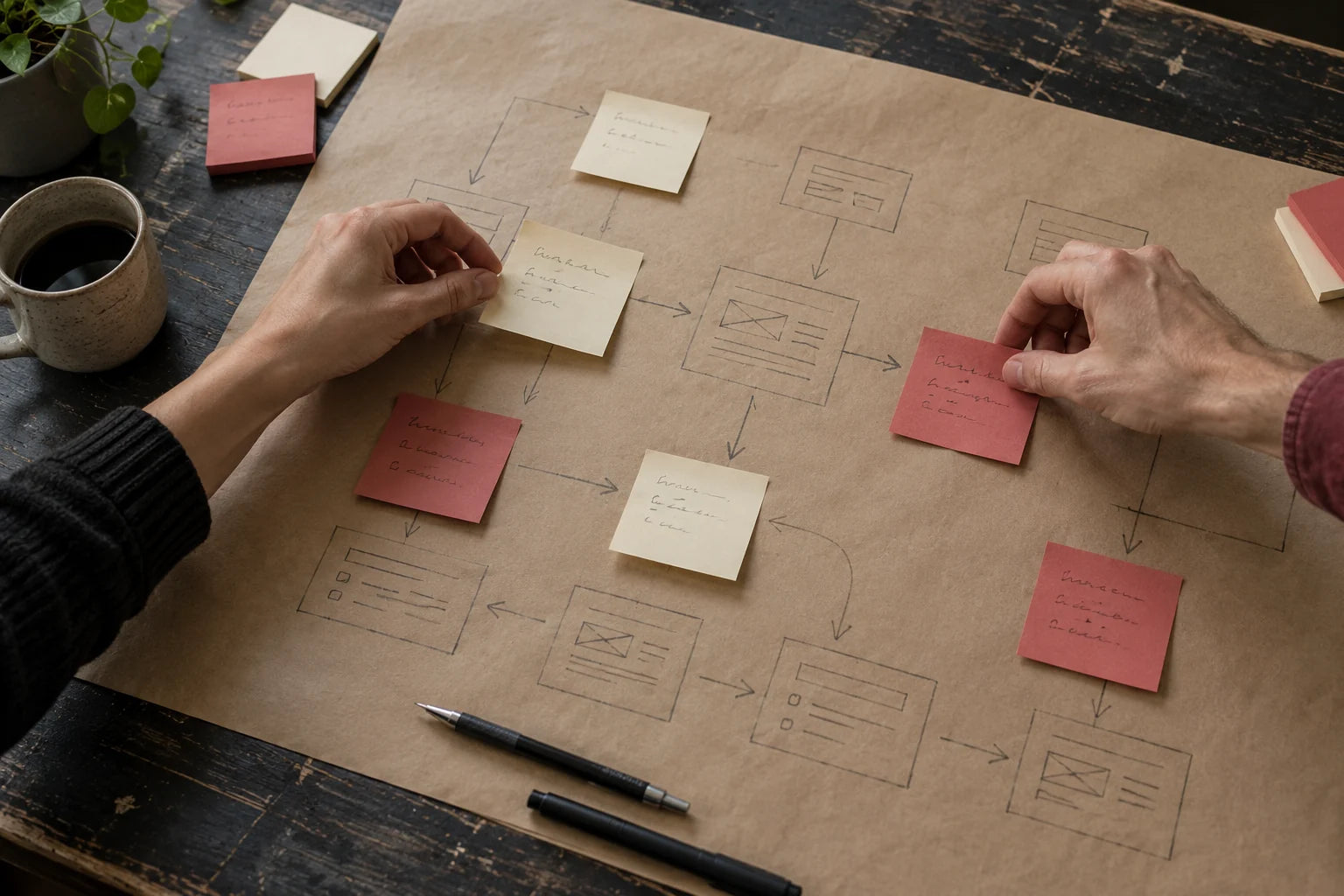 Hands arranging project planning notes on a kraft-paper page.