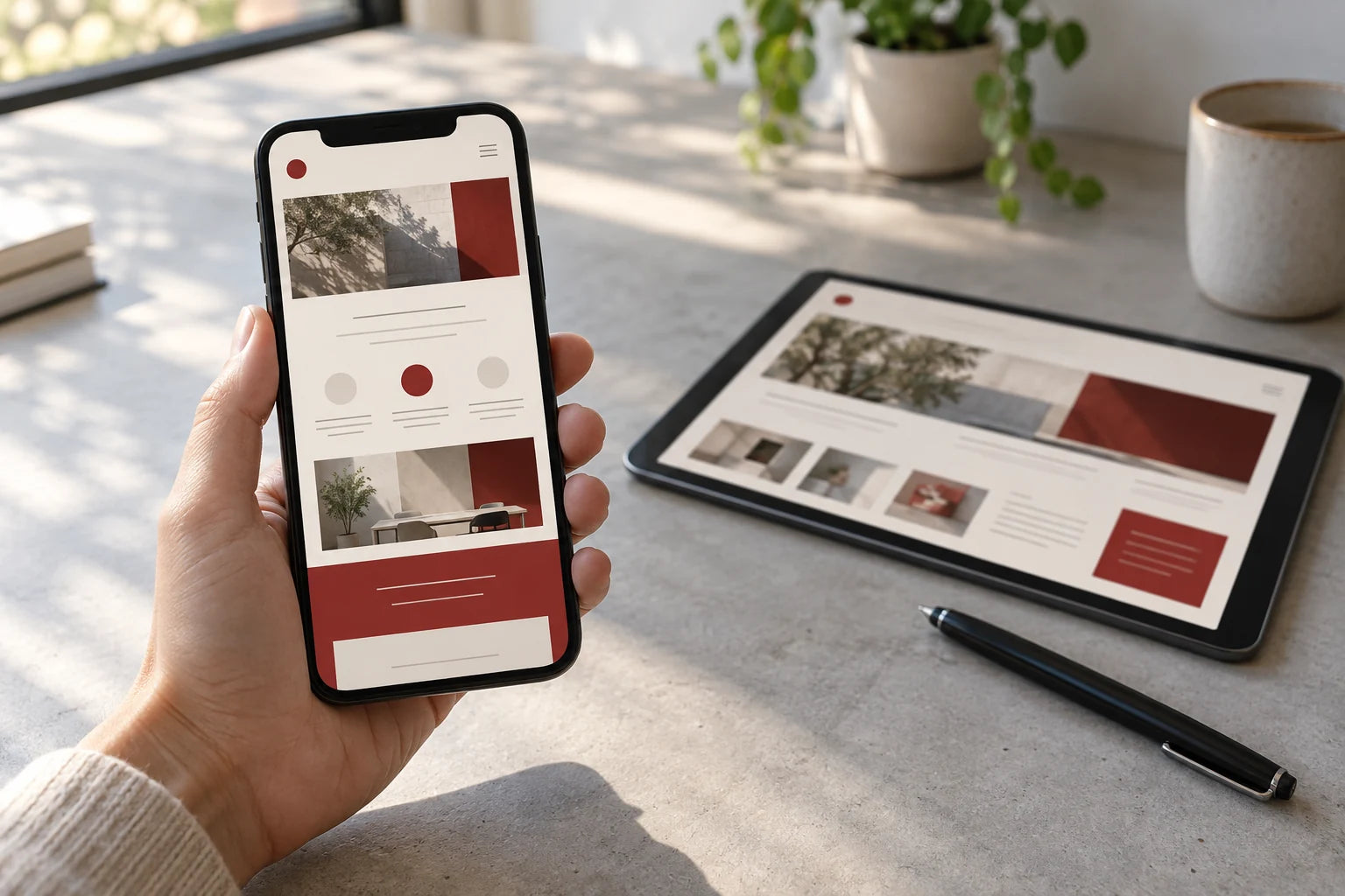 A phone and tablet displaying responsive page layouts during website testing.