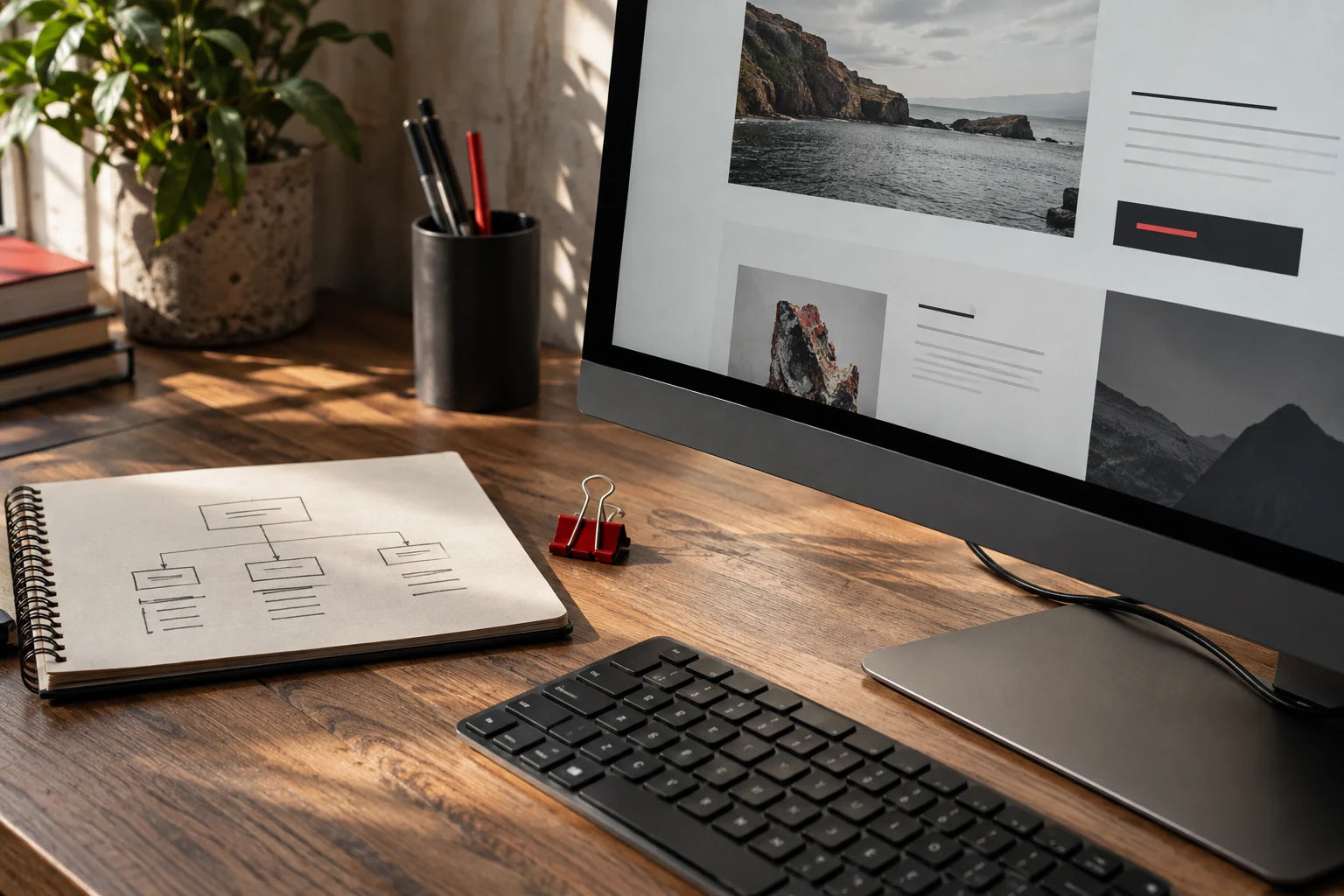 A business website layout and page structure notes on a desk.