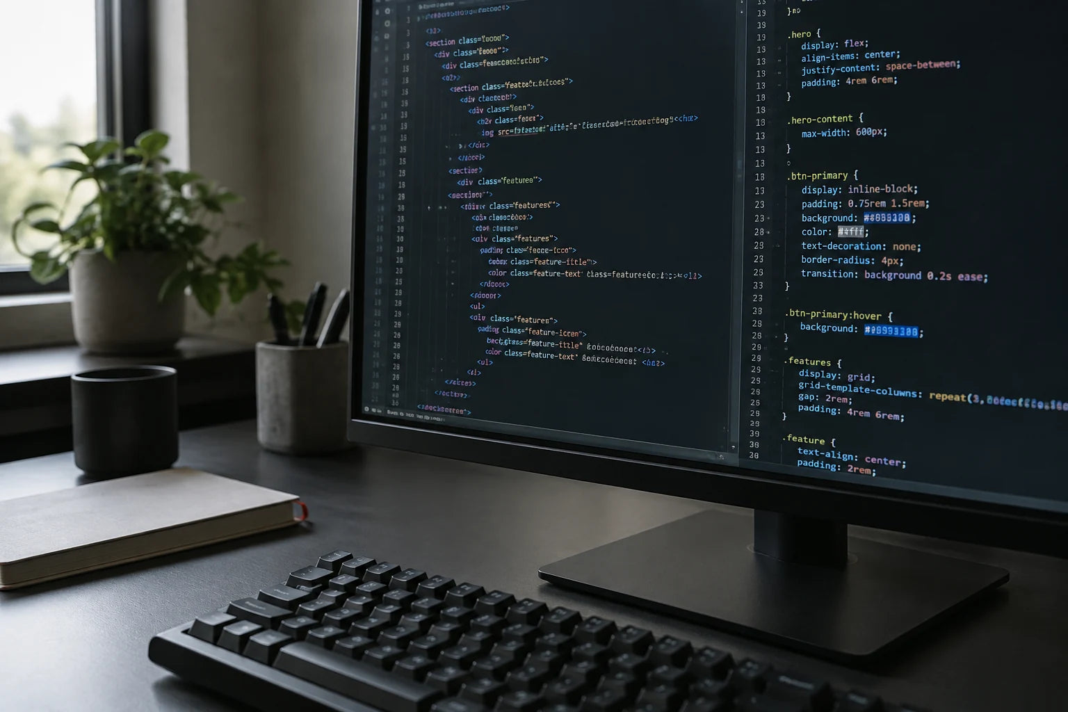 A code editor and keyboard illustrating the website development stage.