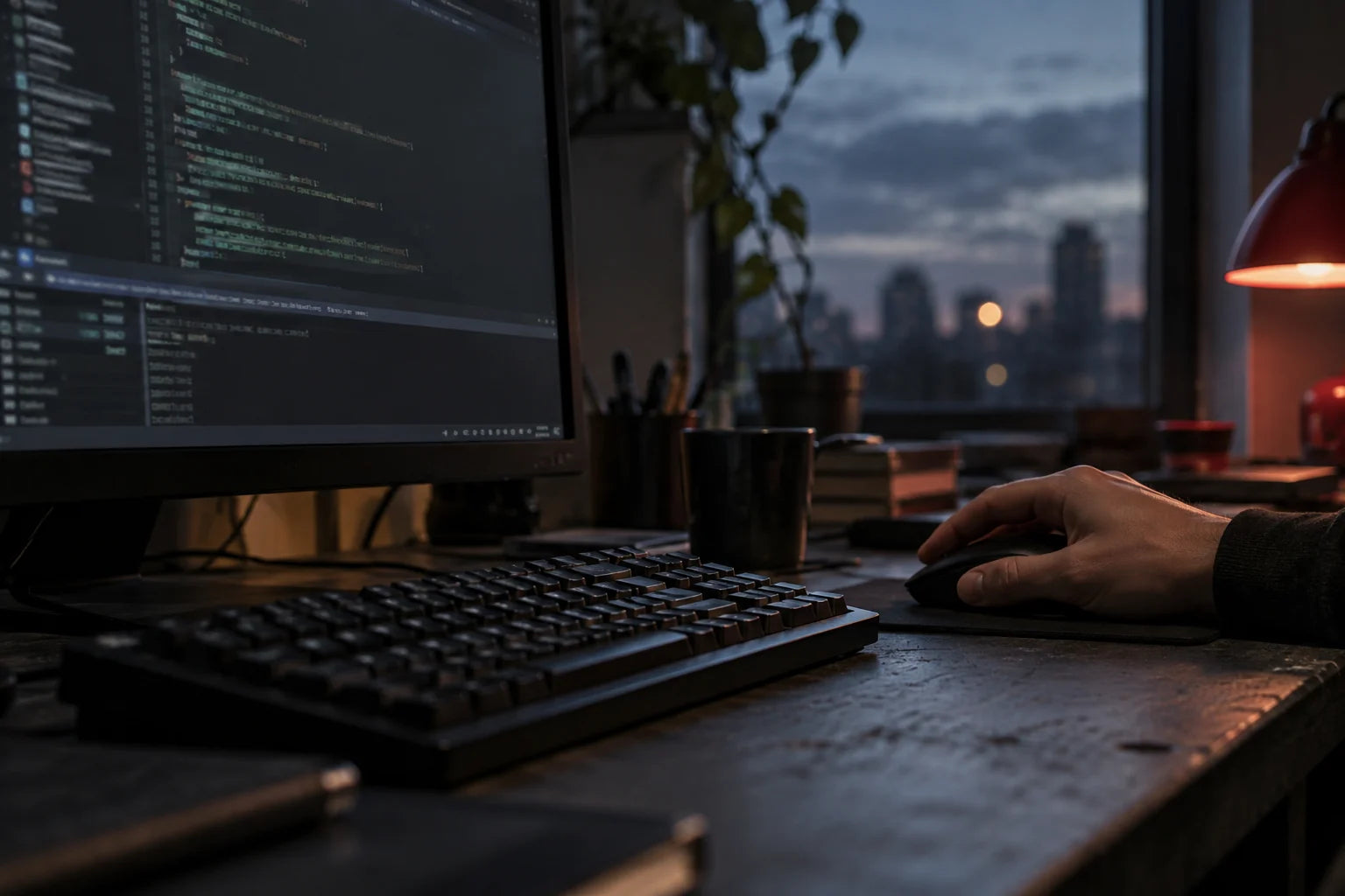 A code editor, keyboard and mouse during routine website work.