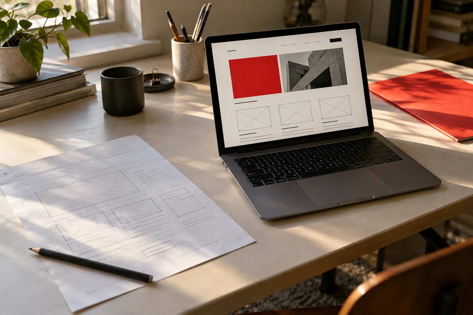 Laptop wireframe and paper sketches illustrating website planning.