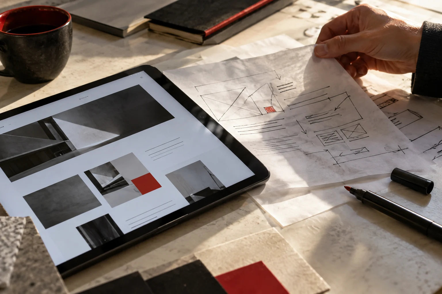 A tracing sheet with layout revisions beside a tablet.
