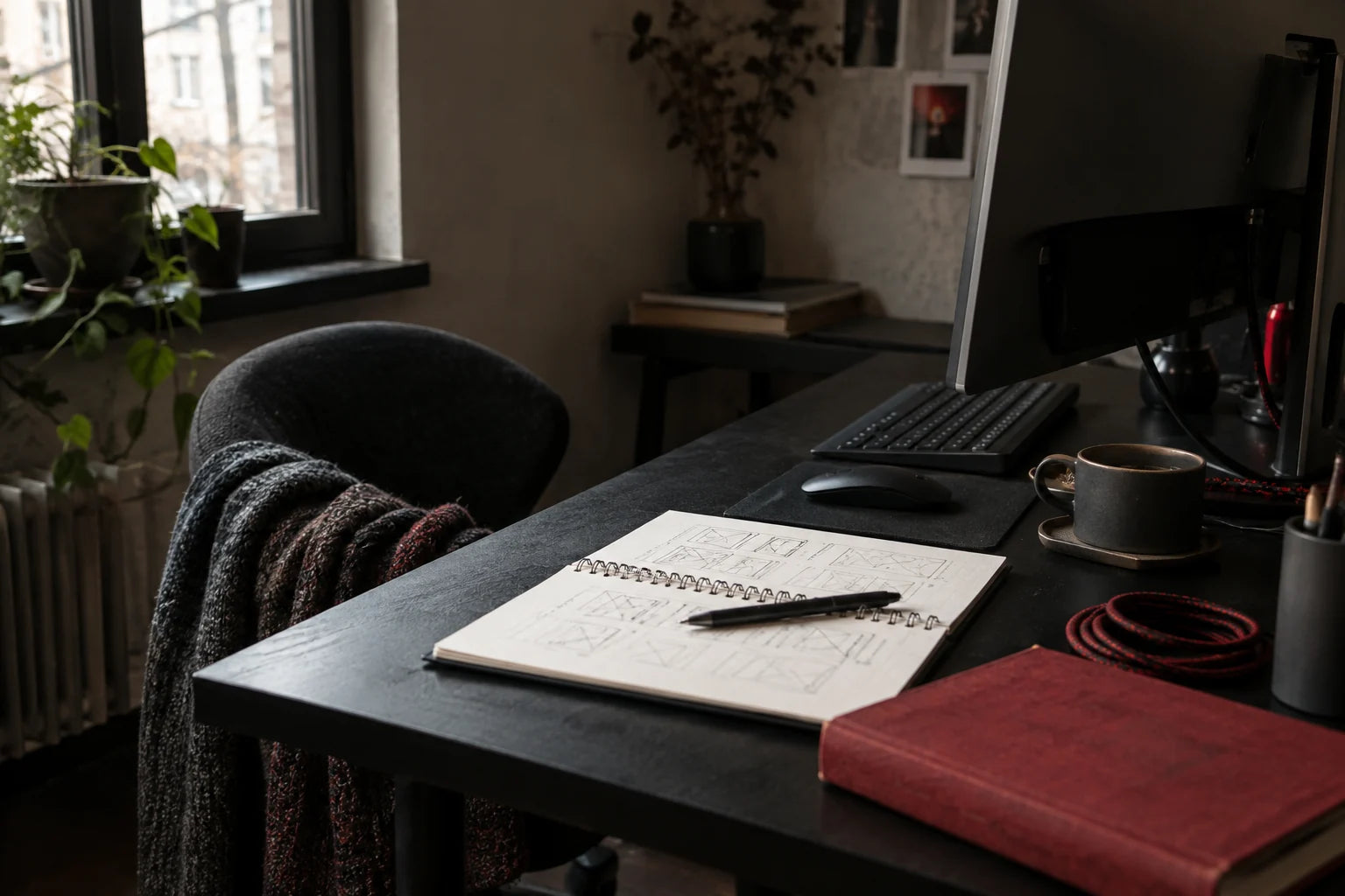 A quiet working corner with a monitor, sketchbook and reference book.